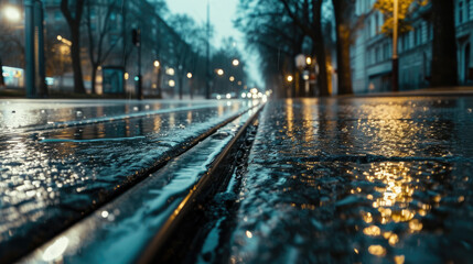 Close-up of tram tracks in rainy weather with blurred buildings and bright lights and lights in the background. - obrazy, fototapety, plakaty