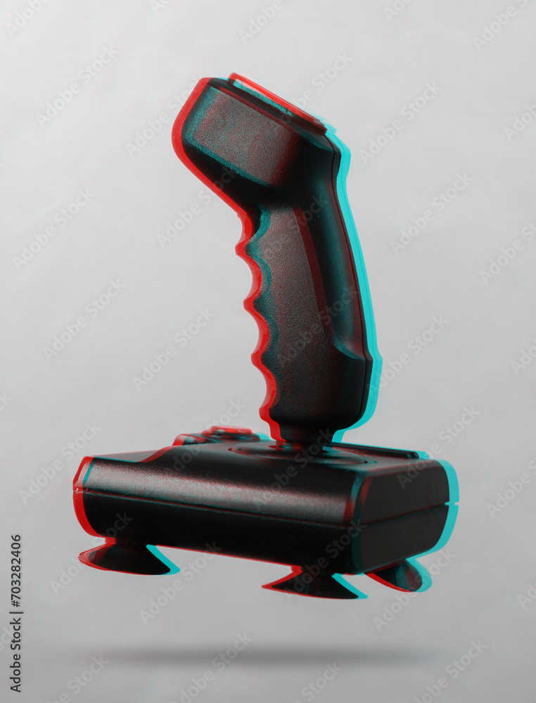 Poster retro joystick levitating on a gray background with a shadow. glitch effect