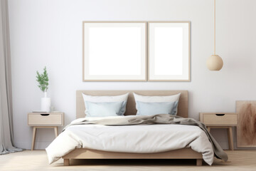 Fototapeta na wymiar Poster mockup in modern coastal style bedroom interior with sofa. Frame mock up