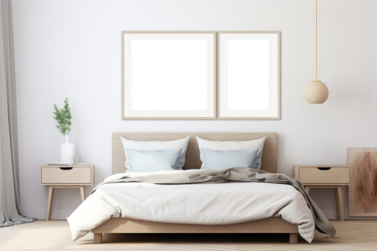 Poster mockup in modern coastal style bedroom interior with sofa. Frame mock up