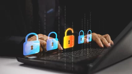Tuinposter Global network cybersecurity technology concept. Business protect personal information. Identity theft, Database hack, internet cyber crime. Hacker attack risk data shield. Damage security system © MT.PHOTOSTOCK