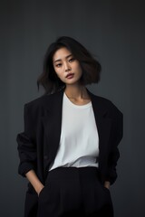 A timeless portrait of a Korean woman in minimal makeup, dressed casually in a stylish yet uncomplicated outfit, glowing within a studio's ambiance.
