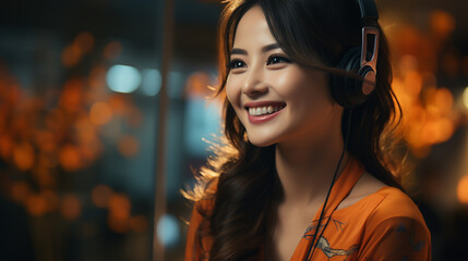 Serious call center operator in wireless headset talking with customer, woman in headphones with microphone consulting client