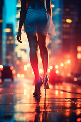 Legs of a woman walking through the city at night. Selective focus. - obrazy, fototapety, plakaty