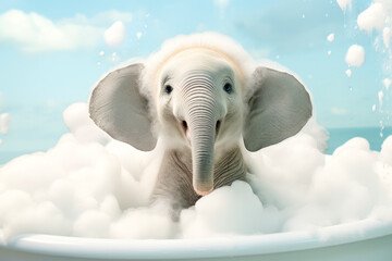 Adorable baby elephant in a bathtub with soapy foam in the tub
