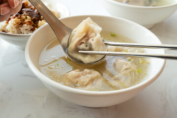 Wonton dumpling soup, distinctive and famous cuisine of Taiwanese food.