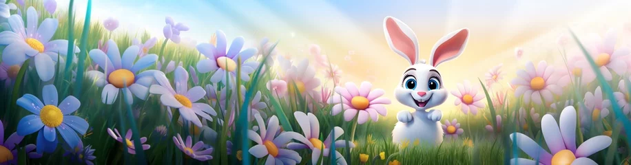 Fotobehang A vector banner of an Easter Bunny in a meadow of spring flowers - panned for text © Face Off Design