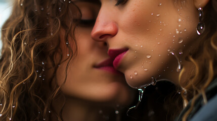 LGBT couple kiss lips. Passion and sensual touch. Closeup of mouths kissing. Two lgbtq in love. Lip care and beauty.