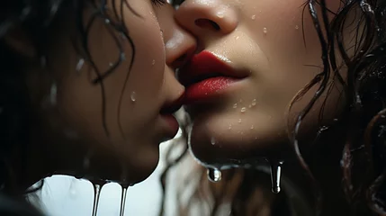 Fotobehang LGBT couple kiss lips. Passion and sensual touch. Closeup of mouths kissing. Two lgbtq in love. Lip care and beauty. © alexkich