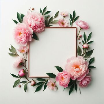 Frame with pink peonies on clear white background. Greeting card template for wedding, mothers or woman day. Springtime composition with copy space. Flat lay style