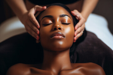 Women enjoying face massage in spa, in the style of black arts movement, minimalist, , high definition, womancore, recycled, soft-edged

