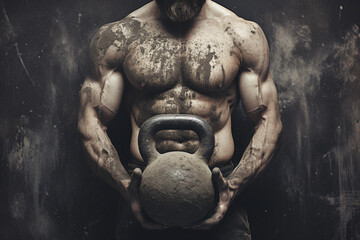 Fototapeta na wymiar Man with kettlebell with body pump, in the style of monochrome portraits, rustic texture, cinestill 50d, marble, high quality photo, industrial fragments, cabincore