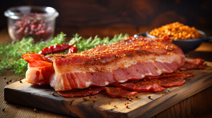 Homemade smoked pork fat or bacon with spices