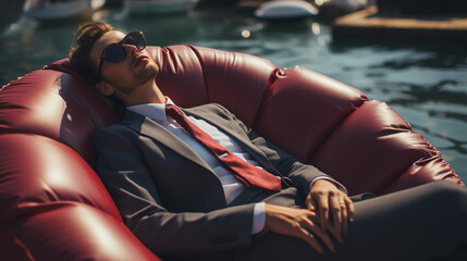 Businessman in suit and tie in a sea in an inflatable boat - obrazy, fototapety, plakaty