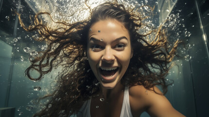 Underwater woman portrait in swimming pool.