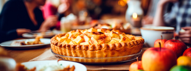 apple pie on the table against the backdrop of a family dinner. Selective focus. - obrazy, fototapety, plakaty