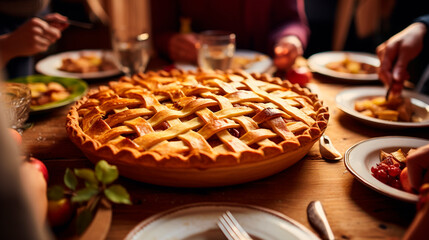 apple pie on the table against the backdrop of a family dinner. Selective focus. - obrazy, fototapety, plakaty