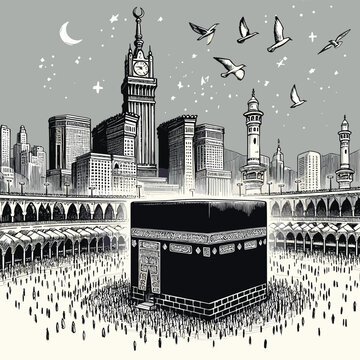 Free vector holy kaaba in mecca saudi arabia hand drawn sketch vector illustration