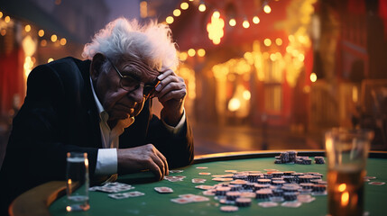 Unlucky old gambler places bet in online casino gambling game and loses all his money. - obrazy, fototapety, plakaty
