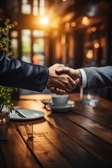 Trusted real estate agent and an enthusiastic customer finalizing home insurance deal with a handshake of assurance, Generative AI