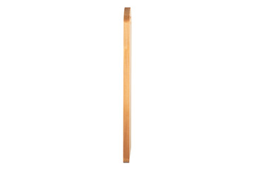 Side view of a wooden cutting board isolated on a white background.