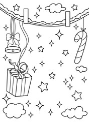 Christmas background with garland, bell, gift and lollipop. Background, coloring page. Black and white vector illustration.