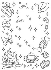 Christmas background with Santa hat, Christmas candies and lollipops, desserts, cakes, gingerbread cookies. Background, coloring page. Black and white vector illustration.