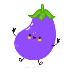 Eggplant jumping character. Vector hand drawn cartoon kawaii character illustration icon. Isolated on white background. Eggplant character concept