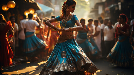 Girl in traditional dressing for festival, dancing - obrazy, fototapety, plakaty