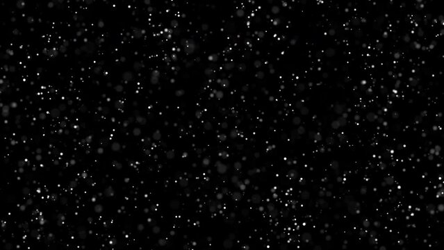 Loop flow flickering white particles on black background.4K 3D animation of  glowing flying ember burning ash particles.