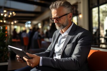 Naklejka na ściany i meble Experienced financial advisor using a digital tablet to access crucial online market data in a modern office setup, Generative AI