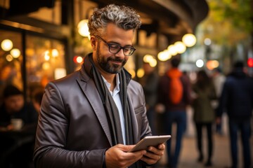 Businessman checking real-time financial data on his digital tablet while standing in a bustling office, Generative AI