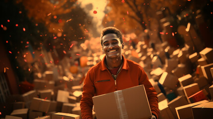 Postman delivering package of goods to home with smile and happy face.