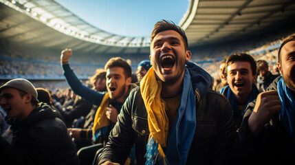 group of fans dressed in blue color watching a sports event in the stands of a stadium - Powered by Adobe
