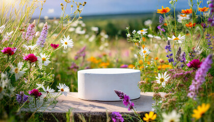 Fototapeta na wymiar White podium in wildflower meadow; ideal bacground for product showcasing and mockups.