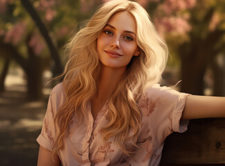 Fototapeta premium Stylish Summer Beauty: Young Attractive Caucasian Model with Gorgeous Blond Hair, Posing Sensually Outdoors in a City Park, Wearing a Stylish Dress against a White Background