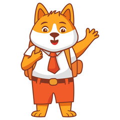 Cartoon dog going to school.A joyful cute tiger jumping cub in a school uniform with bag .A dog schoolboy with books.Line art vector illustration.Isolated on white background.Dog reading a book.