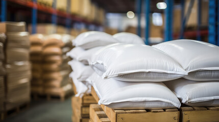 Close-up of a warehouse with bulk rice or sugar bags in a distribution center. White bag rice storage barn, bulk rice procurement, production and transportation of rice. - obrazy, fototapety, plakaty