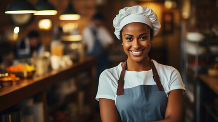 Smiling female bakers looking at camera..Chefs baker in a chef dress and hat, cooking together in kitchen.