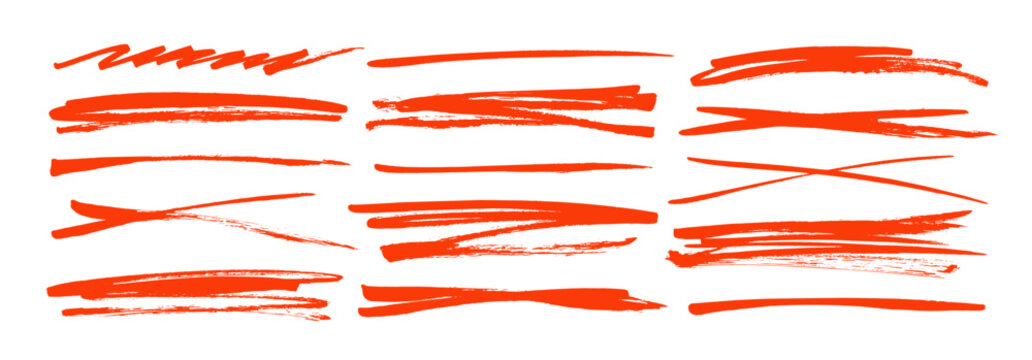 Red strikethroughs and underlines set. Brush drawn various strokes, crossed lines and strike through.