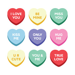 Heart shape candy elements in modern minimalist style. Cute pastel colorful illustration in flat vector cartoon style. Heart chocolate, love icon for design decoration. Happy Valentine's day