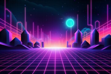 Transform your project into a neon-soaked dreamscape with an 80s-patterned background, featuring futuristic grids, bold lines, and vibrant colors, Generative AI
