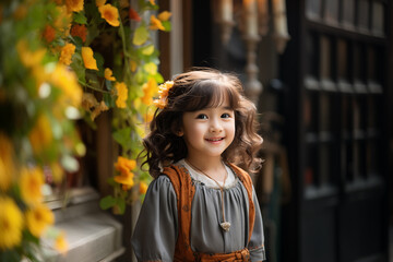 Fototapeta premium Portrait of smiling girl standing looking at camera. Adorable kid posing wearing casual clothes