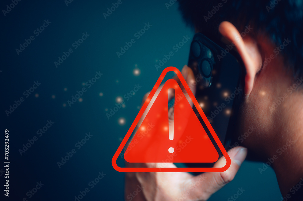 Poster man holding mobile phone with alert warning red triangle sign showing to be careful with fraudulent 