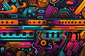Transport your project to a time of big hair and synth beats with an 80s-patterned background, showcasing bold patterns and vivid colors, Generative AI