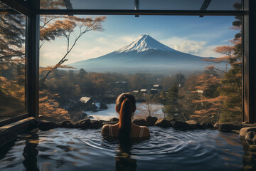 Rear view of woman enjoy Onsen in the morning at hotel and seeing view of Fuji mountain in Japan