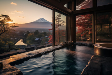 Japanese outdoor hot springs (Onsen) overlooking Mount Fuji from luxury hotel room