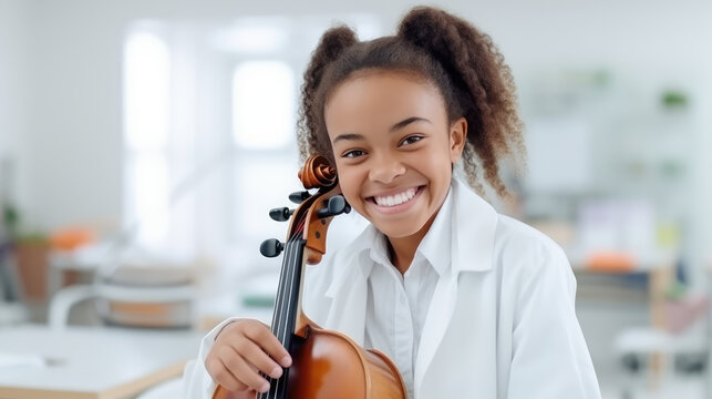 Happy smiling teenage girl playing violin in classroom at school background. Music school, additional creative classes, additional education course for children. - Powered by Adobe