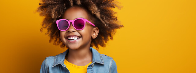 Portrait, studio and happy child pointing hand at space with a smile on face on yellow background. Young girl kid with happiness, carefree and positive attitude to show product placement mockup deal - obrazy, fototapety, plakaty