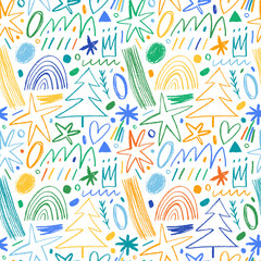 Seamless pattern with colorful charcoal holidays elements. Hand drawn pencil lines, squiggles.